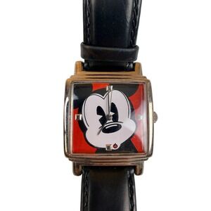Disney Store Mickey Mouse Square Watch Black Leather Strap Needs Battery